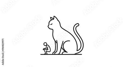 Minimalist line art illustration portraying a small human admiring a majestic, tranquil cat