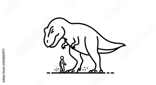 Prehistoric encounter illustrating massive scale between an ancient predator and a tiny human