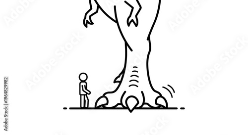 A tiny human figure stands in awe beside the enormous foot of a towering creature, emphasizing