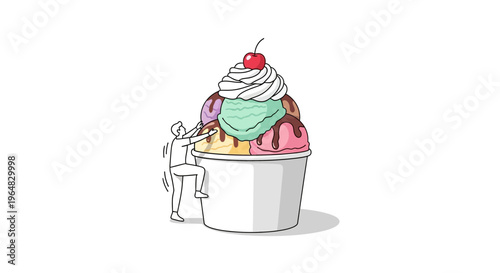 Tiny climber conquering an enormous, multicolored ice cream sundae topped with whipped cream and a