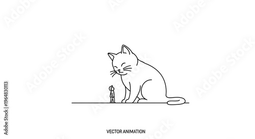 Enormous feline calmly gazes upon a small human figure in simple line art illustration
