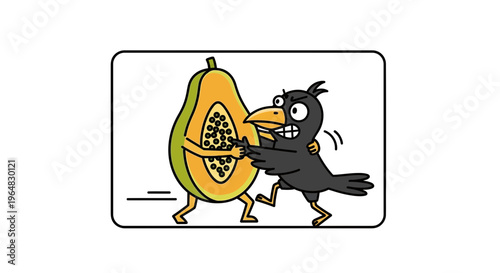 Humorous cartoon illustration of an animated papaya being pursued by a determined black crow in a