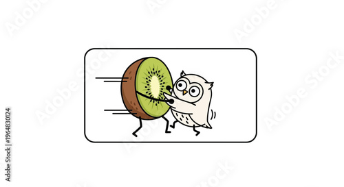 A whimsical cartoon illustration depicting an adorable owl playfully chasing a spirited running