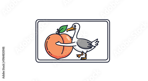 Charming cartoon seagull playfully hugging a sweet ripe peach illustration on a white background