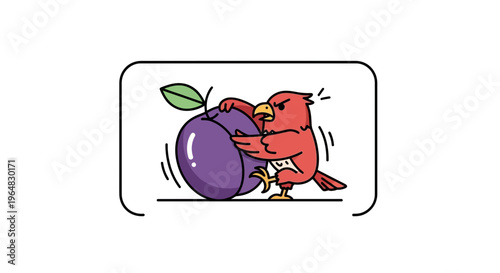 A determined little red bird comically struggles to push a large purple plum with great effort