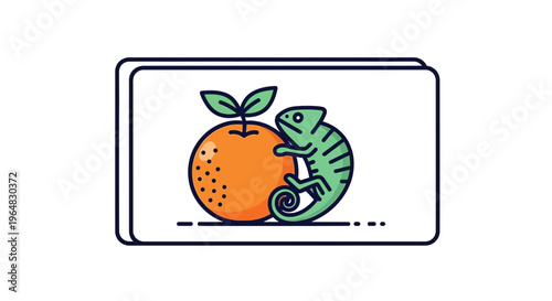 Whimsical green chameleon clinging to a vibrant orange fruit with fresh leaves, a colorful icon