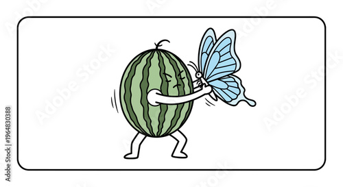 Whimsical watermelon character grappling with a delicate blue butterfly in a playful encounter