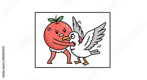 Playful cartoon depicting a grumpy fruit in a diaper confronting a shocked seabird in a comedic