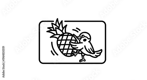 Charming black and white line art illustration of a tiny bird attempting to move a giant pineapple