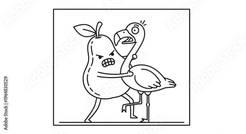 Whimsical cartoon illustration of an anthropomorphic angry pear grappling with a surprised flamingo