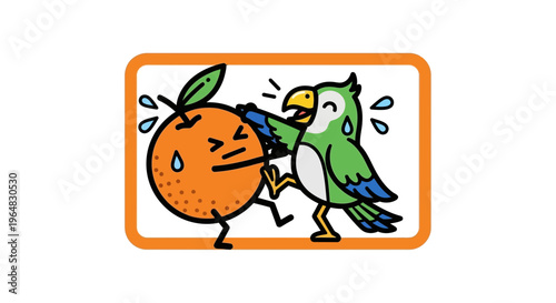 Whimsical cartoon parrot comically slaps an anthropomorphic orange in a playful, vibrant