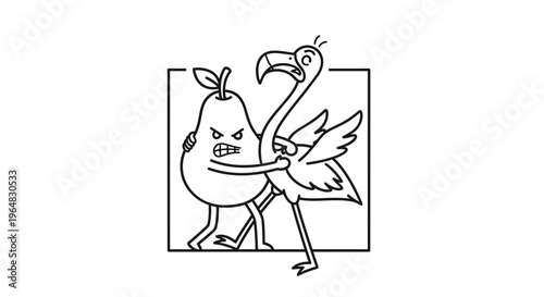 An angry pear character wrestling a scared flamingo in a humorous cartoon illustration
