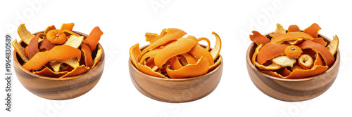 Fotografija Dried orange peel in wooden bowl isolated on white background, Citrus sinensis s