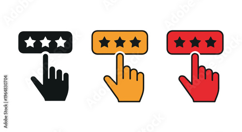 Graphic illustration of three hand icons with star ratings on a white background for feedback or review purposes.