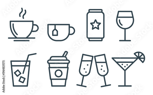 Set of eight beverage featuring coffee tea soda wine glass water with ice takeaway cup champagne flutes and a martini glass with a lime wedge in a dark blue linear outline style