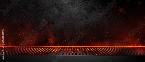 Barbecue Grill - Embers With Flames And Abstract Sparks - Grid And Fire On Charcoal In Black Background