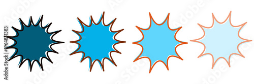 Set of four retro comic book action burst stickers in blue shades for vintage advertising