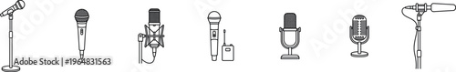 Microphone collection line art set including studio condenser mic dynamic handhold microphone podcast broadcast retro mic and microphone on stand vector isolated on transparent background