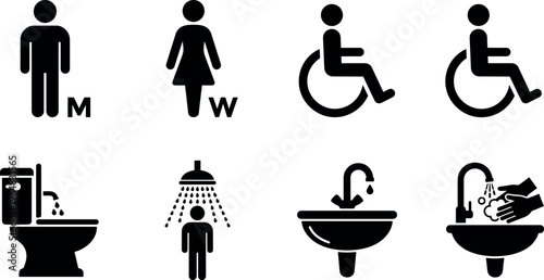 Public restroom and hygiene symbols set including male female toilet sign wheelchair accessibility shower washbasin faucet and hand washing icons silhouette vector isolated on transparent background
