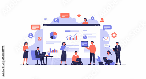 Team of analysts and professionals collaborating around large data dashboard and charts