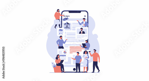 People collaborating around a large mobile device displaying information