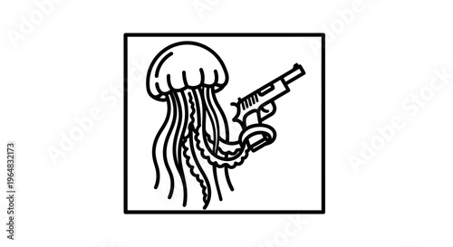 Jellyfish Holding a Gun, Surreal Underwater Creature with Weapon