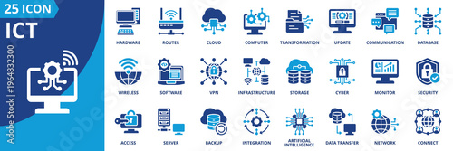ict icon set collection in solid glyph dual color style. pack contain network, server, router, cloud, compute, software, hardware, connect, wireless, security icon