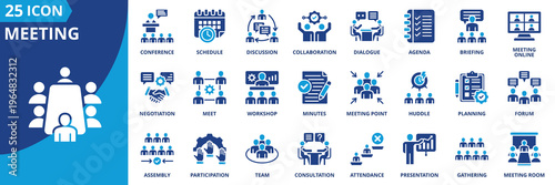 meeting icon set collection in solid glyph dual color style. pack contain discussion, communication, briefing, conversation, interview, consulting, gathering, training and seminar icon