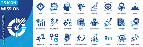 mission icon set collection in solid glyph dual color style. pack contain achievement, aim, ambition, challenge, commitment, cooperation, determination, direction, execute, focus, goal, initiative