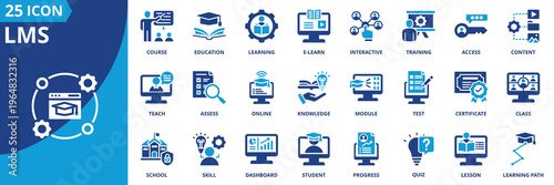 lms icon set collection in solid glyph dual color style. pack contain learning, course, training, education, content, module, quiz, certificate, teach, student icon