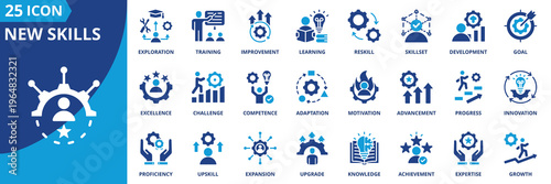 new skills icon set collection in solid glyph dual color style. pack contain achievement, adaptation, advancement, challenge, competence, development, excellence, expertise, exploration, goal, growth
