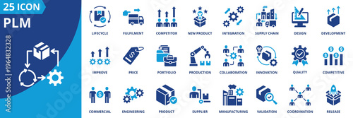 plm icon set collection in solid glyph dual color style. pack contain lifecycle, design, engineering, development, validation, price, collaboration, supply chain, improve, commercial icon