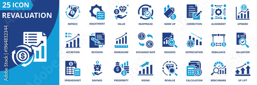 revaluation icon set collection in solid glyph dual color style. pack contain revalue, reassess, reprice, reappraise, adjustment, uplift, savings, markup, rising, remeasure icon