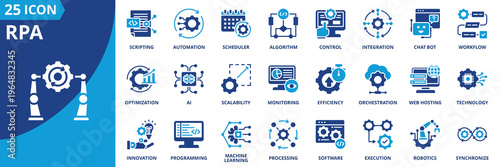 rpa icon set collection in solid glyph dual color style. pack contain autonomy, scheduler, optimization, ai, automation, efficiency, synchronize, scripting, control, software icon