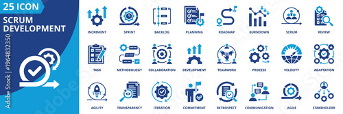 scrum development icon set collection in solid glyph dual color style. pack contain scrum, sprint, backlog, planning, review, retrospect, methodology, increment, communication, iteration icon