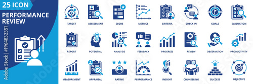 performance review icon set collection in solid glyph dual color style. pack contain evaluation, assessment, feedback, rating, score, metrics, goals, target, insight, counseling icon