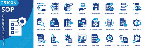 sop icon set collection in solid glyph dual color style. pack contain procedure, standard, guideline, compliance, protocol, workflow, policy, process, instruction, checklist icon