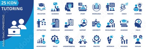 tutoring icon set collection in solid glyph dual color style. pack contain mentor, coach, guidance, teacher, lesson, study, learning, education, academic, knowledge icon