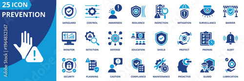 prevention icon set collection in solid glyph dual color style. pack contain prevent, protect, safeguard, shield, defense, education, barrier, security, lubrication, control icon