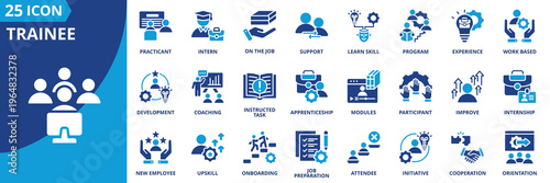 trainee icon set collection in solid glyph dual color style. pack contain Intern, associate, participant, attendee, practicant, upskill, orientation, development, on the job, learn skill icon