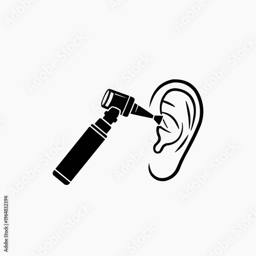Black vector icon of an otoscope examining a human ear, representing medical diagnosis and hearing health check-up.