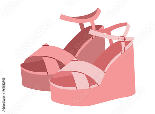 Pink platform wedge sandal women flat pair. Cross strap ankle buckle summer footwear for sunny season look. Technical fashion illustration, CAD mockup, soft vector men unisex isolated modern style.