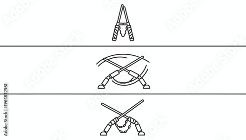 Historical Weapons and Tools Line Art Icons: Swords, Chains, and Shears