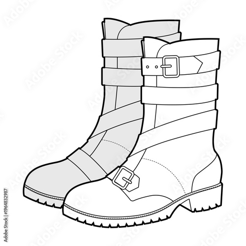 Biker strap boot women sketch pair. Triple buckle block heel boot for moto inspired city outfit and casual wear. Technical fashion illustration CAD mockup vector man unisex isolated classic style.