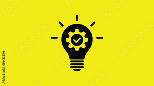 Innovation icon, light bulb with gear and check mark, vector illustration, success, idea validation, workflow efficiency and creative solution concept.