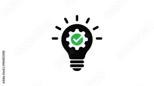 Innovation icon, light bulb with gear and check mark, vector illustration, success, idea validation, workflow efficiency and creative solution concept.