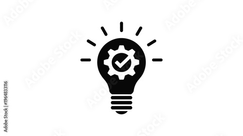 Innovation icon, light bulb with gear and check mark, vector illustration, success, idea validation, workflow efficiency and creative solution concept.