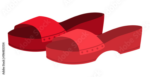 Red clog sandal shoe women flat pair. Platform slide sandal for seaside promenade summer party. Technical fashion illustration CAD mockup soft vector man unisex isolated contemporary style.