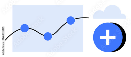 Data analytics concept. Data analysis ed with a growth line and nodes, cloud icon, and plus symbol for addition and progress. Data insights, cloud computing, innovation, growth potential, business