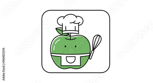 Happy Apple Chef Character with Whisk and Apron, Cartoon Style